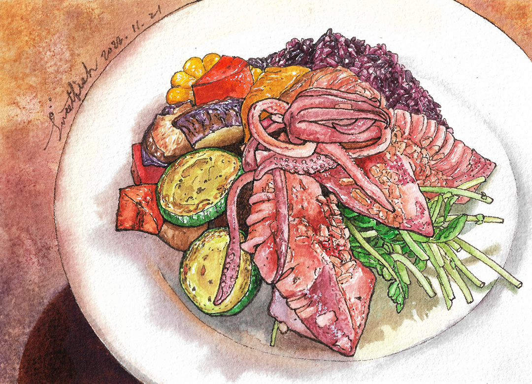 dijon-butter-calamari-with-herbed-rice-and-roasted-vegetableswatercolor-food-illustration-by-sweetfish-food-art-instagram