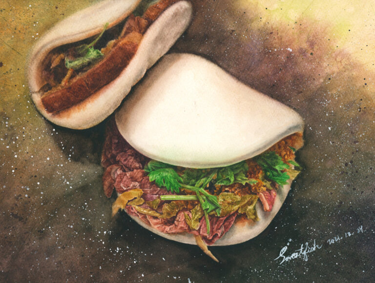 tiger-bites-pig-pork-belly-bun-taiwanese-hamburger-watercolor-food-painting-by-sweetfishfoodart-