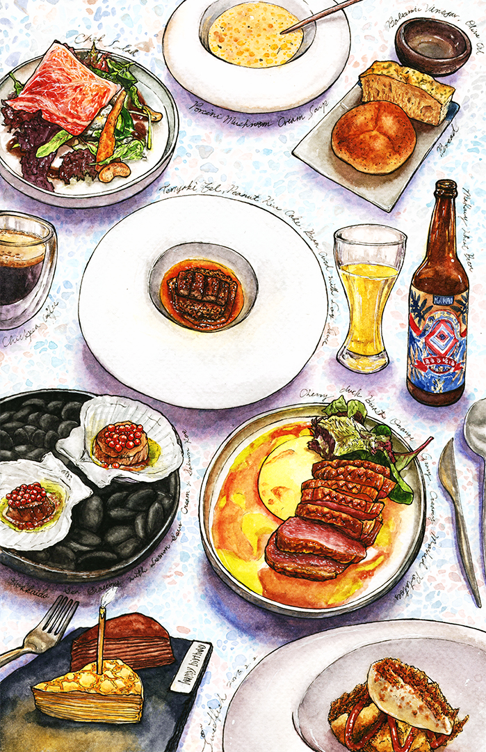 手繪水彩插畫呈現歸璞泊旅 Proq196 的法式套餐，療癒風美食創作，香魚療癒食堂