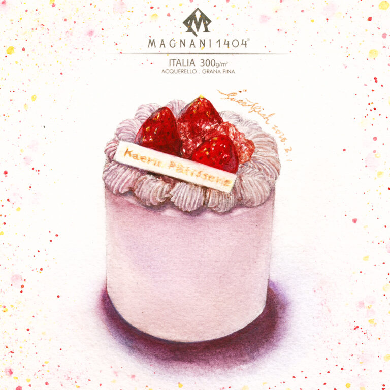 蛙鳴甜點草莓蛋糕,手繪水彩完成圖,香魚療癒食堂,手繪幸福食光