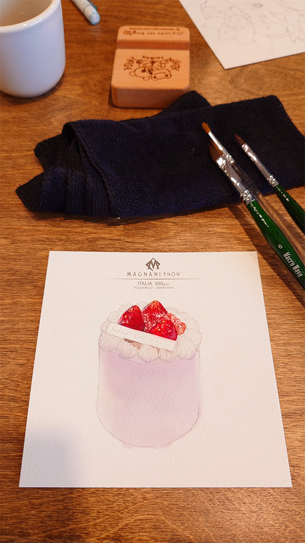 蛙鳴甜點草莓蛋糕，手繪水彩上色過程，香魚療癒食堂，手繪幸福食光